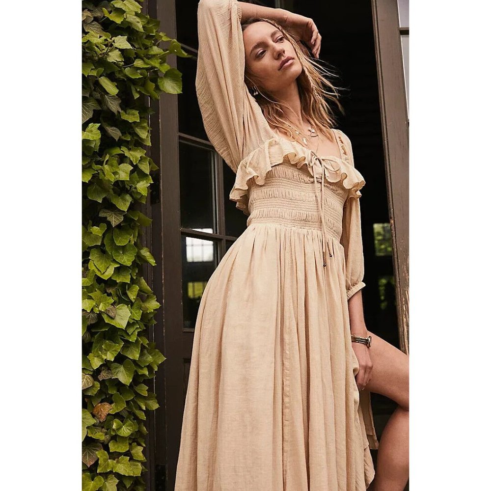Free People Free-est Oasis Midi Dress Smocked Cotton Ruffle Solid S New